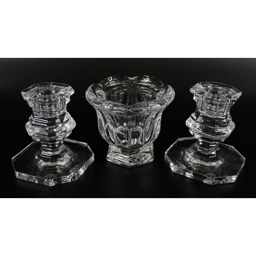 624 - A Baccarat glass pot, a pair of Baccarat candlestick holders, and four Royal Worcester egg coddlers,... 