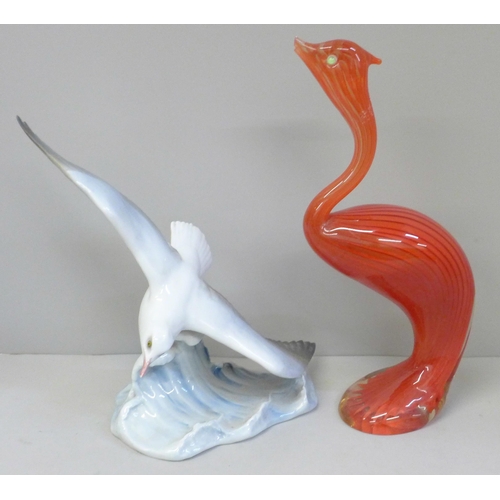 659 - A Rosenthal seagull and a red glass model bird, beak chipped on glass bird