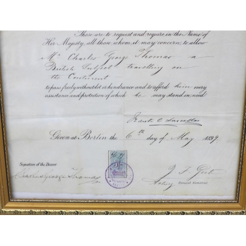 680 - A Victorian passport dated 1889 issued to Charles George Thomas to travel on the continent, no. 620,... 