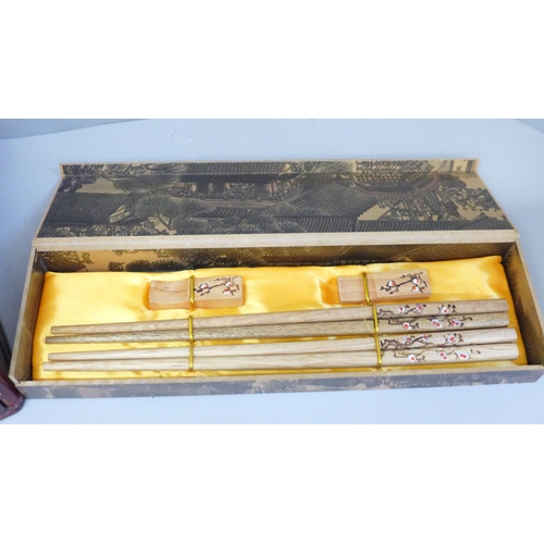 683 - A Japanese sewing box and a box of chopsticks