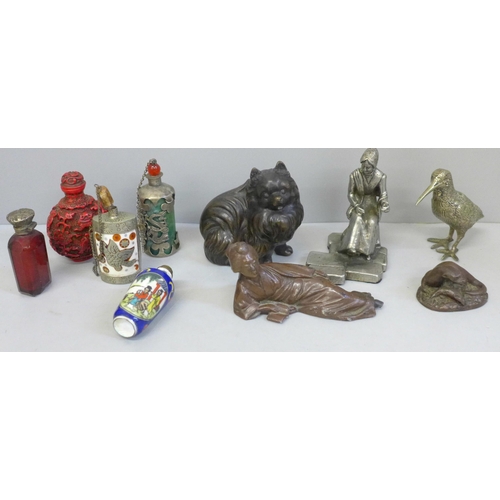 699 - Five figures, three metal and two resin, and five scent bottles