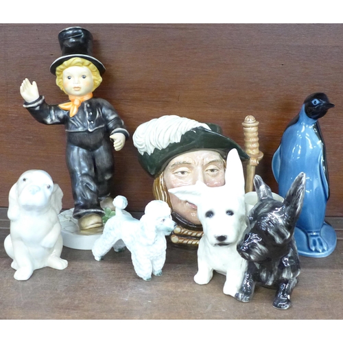 703 - An oversized Goebel figure, Poole Pottery penguin, Royal Doulton Aramis character jug and three figu... 