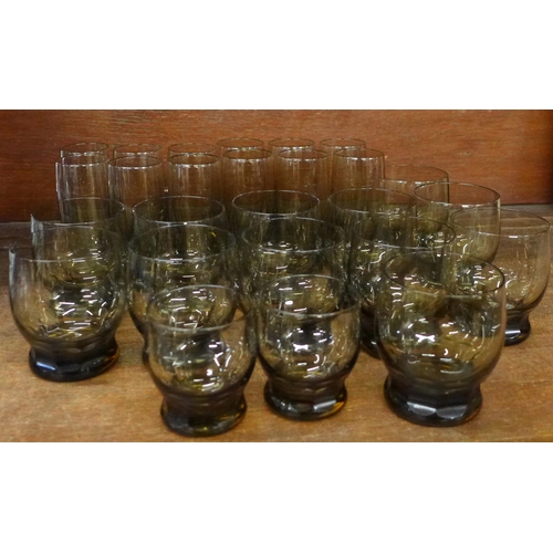 707 - Twelve French smoked glass shots, twelve aperatif glasses and two smaller **PLEASE NOTE THIS LOT IS ... 