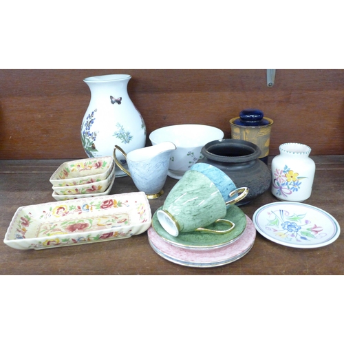 710 - A Royal Worcester Worcester Herbs vase, Royal Albert Gossamer cups, saucers, tea plates and milk jug... 