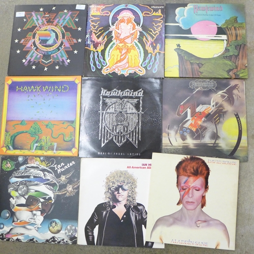 717 - A collection of 21 LP records, mainly 1970s including David Bowie, Hawkwind, Led Zeppelin, Ian Hunte... 