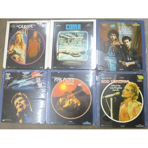 723 - Six laser discs; Carrie, Coma, Dexy's Midnight Runners, Sheena Easton, Pink Floyd and Rod Stewart