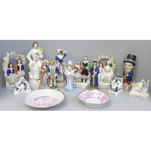 730 - A collection of Staffordshire figures (12) plus a Sunderland lustre dish and saucer **PLEASE NOTE TH... 