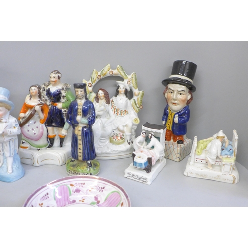 730 - A collection of Staffordshire figures (12) plus a Sunderland lustre dish and saucer **PLEASE NOTE TH... 