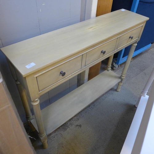 1604 - An olive three drawer console table -missing handle