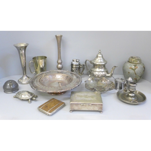 749 - A collection of silver plated items including a fretwork dish, a cigarette box, etc.