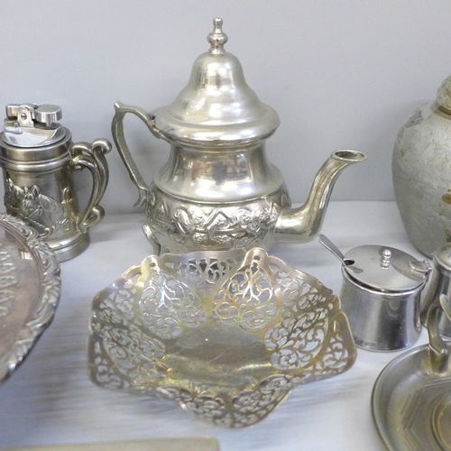 749 - A collection of silver plated items including a fretwork dish, a cigarette box, etc.