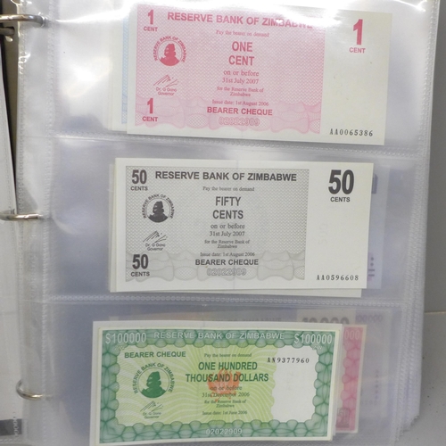 750 - An album of uncirculated bank notes, Zimbabwe, Zambia