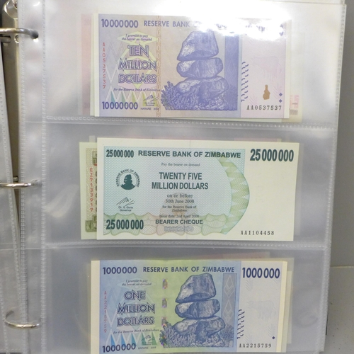 750 - An album of uncirculated bank notes, Zimbabwe, Zambia