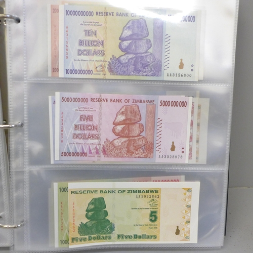 750 - An album of uncirculated bank notes, Zimbabwe, Zambia