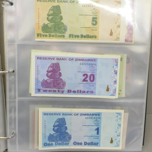 750 - An album of uncirculated bank notes, Zimbabwe, Zambia