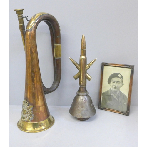 757 - Trench art bullet paper weights, copper/brass bugle with Canadian/Scottish regimental badge and a ph... 