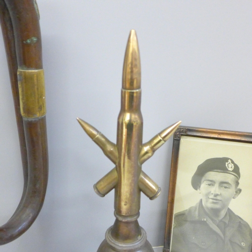 757 - Trench art bullet paper weights, copper/brass bugle with Canadian/Scottish regimental badge and a ph... 