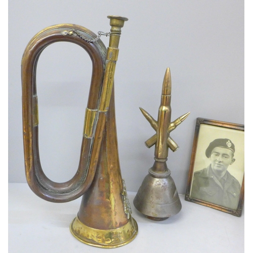 757 - Trench art bullet paper weights, copper/brass bugle with Canadian/Scottish regimental badge and a ph... 