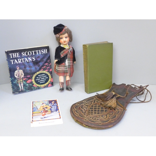 759 - An antique Scottish leather bag/sporran, a vintage Scottish highland dressed doll, a book of Robert ... 