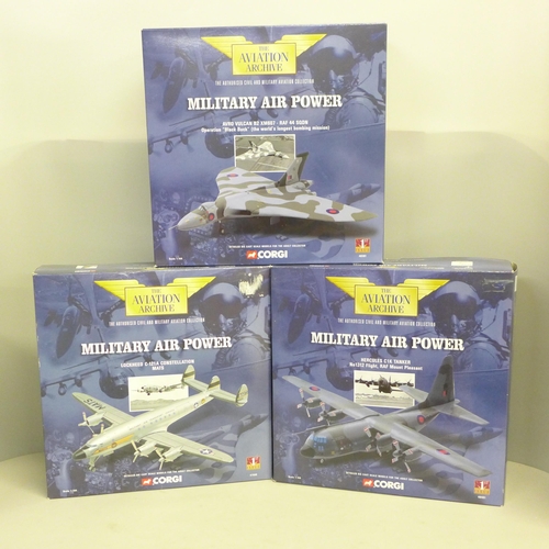 787 - Three Corgi Military Air Power The Aviation Archive model aircraft including Avro Vulcan B2 XM607