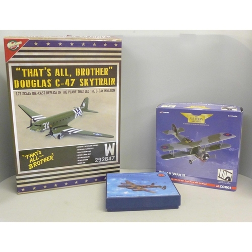 788 - Three model aircraft; Douglas C-47 Skytrain, Fairey Swordfish MK1 and Lancaster MK1