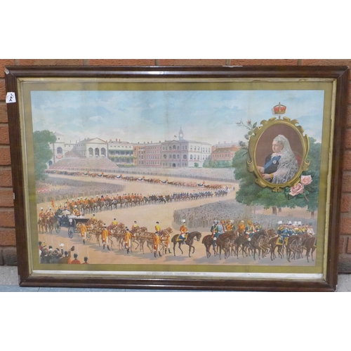 799 - Queen Victoria's Jubilee Procession 1897, coloured print 110cm x 75cm, in contemporary frame, glazed... 