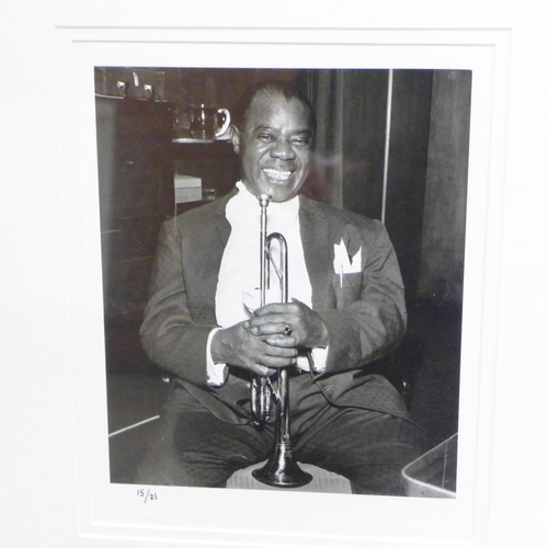 800 - Jazz pictures, 33cm x 41cm Count Basie, limited edition 9/21; Louis Armstrong 20cm x 30cm limited ed... 