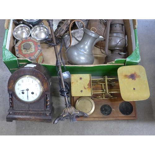 801 - Copperware, postal scales, a pewter teapot, a biscuit tin, mantel clock with French movement (Aberde... 