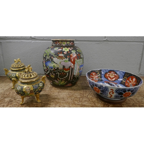 827 - A Famille Noir large spice jar, restored, an Imari bowl and stand, Meiji period and a pair of pot po... 