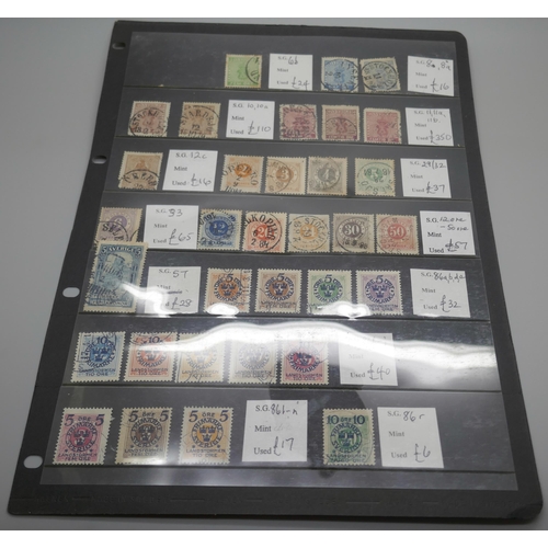 844 - Stamps; early Swedish stamps on four stock sheets, (all identified and catalogued at over £1,800)