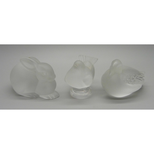 854 - Three small Lalique glass models, signed, two birds and a rabbit