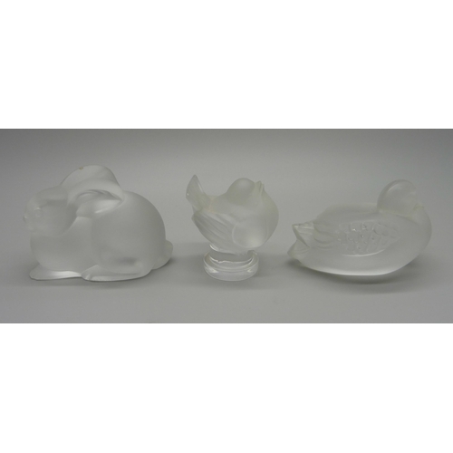 854 - Three small Lalique glass models, signed, two birds and a rabbit