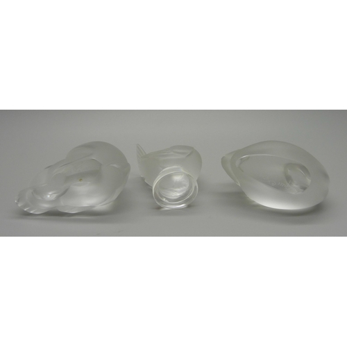 854 - Three small Lalique glass models, signed, two birds and a rabbit