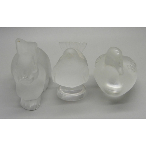 854 - Three small Lalique glass models, signed, two birds and a rabbit