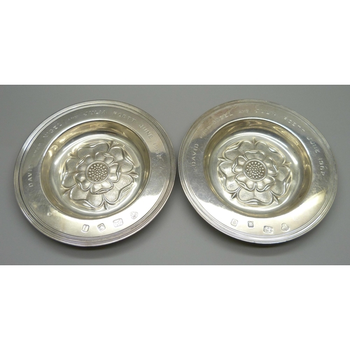 862 - A pair of silver dishes by C.J. Vanders, London mark, with inscriptions, 189g