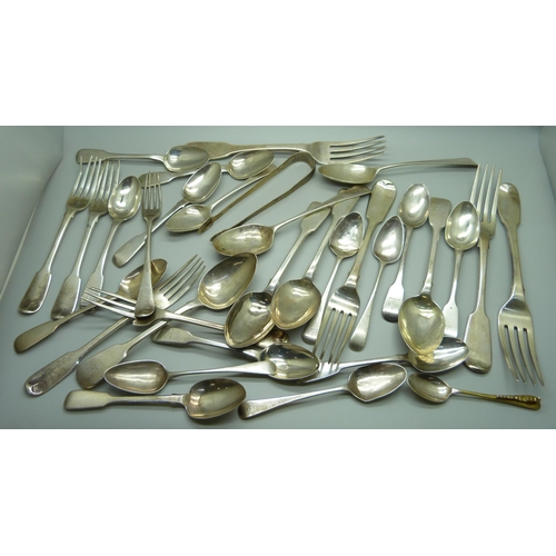 878 - A collection of silver flatware, mainly early 19th Century, some a/f, 949g