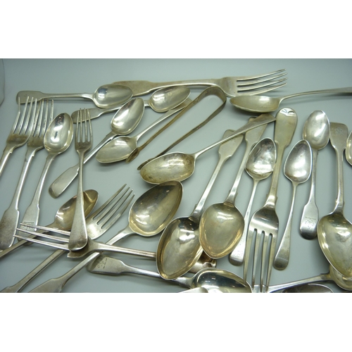 878 - A collection of silver flatware, mainly early 19th Century, some a/f, 949g