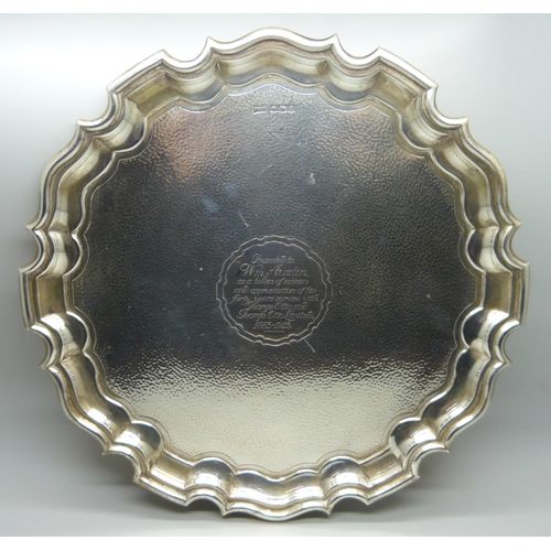 880 - A silver tray by Walker & Hall, with long service inscription dated 1923, 518g, 26cm