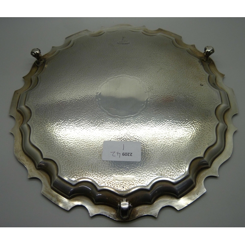 880 - A silver tray by Walker & Hall, with long service inscription dated 1923, 518g, 26cm