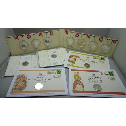 884 - A collection of 50p coins, VE Day, Beatrix Potter including four coin covers and three Royal Mint, e... 