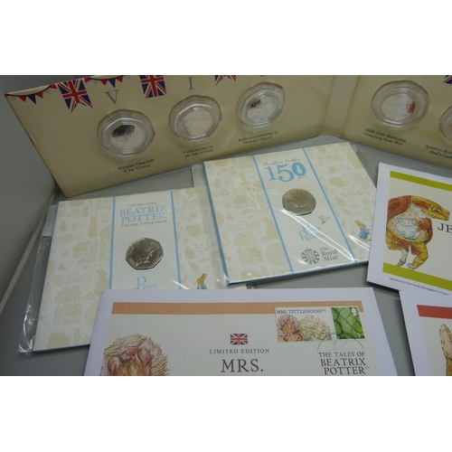 884 - A collection of 50p coins, VE Day, Beatrix Potter including four coin covers and three Royal Mint, e... 