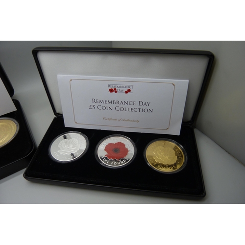 886 - Coins; a set of three £5 Remembrance Day coins, three A Royal Life Together coins and 90th Birthday ... 