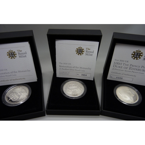 889 - A £5 Piedfort silver proof coin, Restoration of The Monarchy, a Prince Phillip £5 Piedfort silver co... 