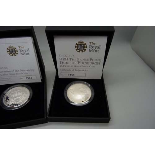 889 - A £5 Piedfort silver proof coin, Restoration of The Monarchy, a Prince Phillip £5 Piedfort silver co... 