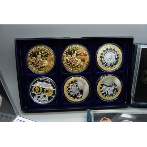 890 - Six boxes of commemorative coins including Sapphire Coronation, 1995 coin set, 1996 coin set, etc.