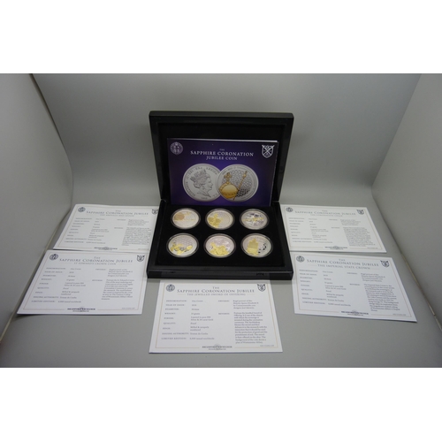 890 - Six boxes of commemorative coins including Sapphire Coronation, 1995 coin set, 1996 coin set, etc.