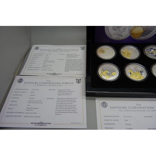 890 - Six boxes of commemorative coins including Sapphire Coronation, 1995 coin set, 1996 coin set, etc.