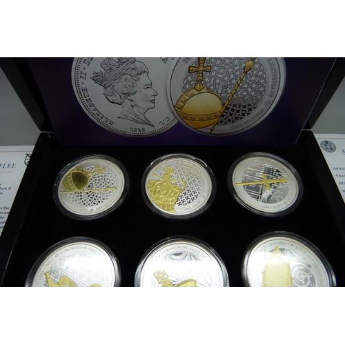 890 - Six boxes of commemorative coins including Sapphire Coronation, 1995 coin set, 1996 coin set, etc.