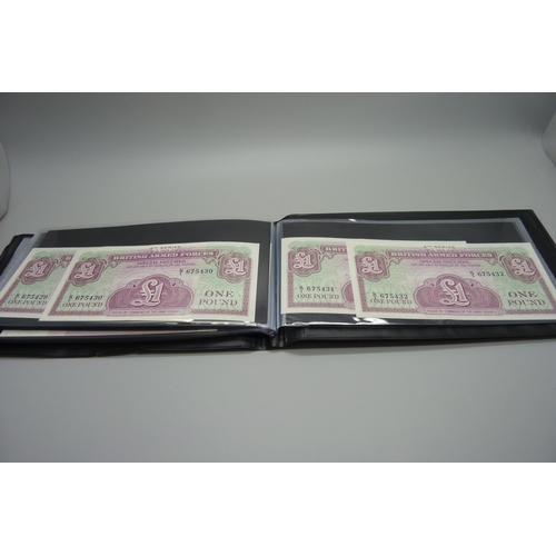 891 - A folder of bank notes, 1973 onwards, British Armed Forces x24, 19x £1 notes and 18x 10 shillings no... 