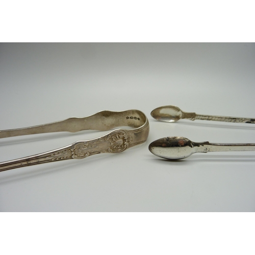 898 - A pair of silver Queens pattern sugar bows, G. Adams, London 1857 and a pair of William IV silver su... 